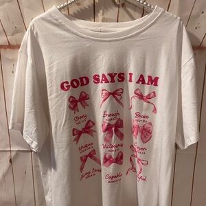 Free Kisses White Tee with Pink Graphic "God Says I Am"